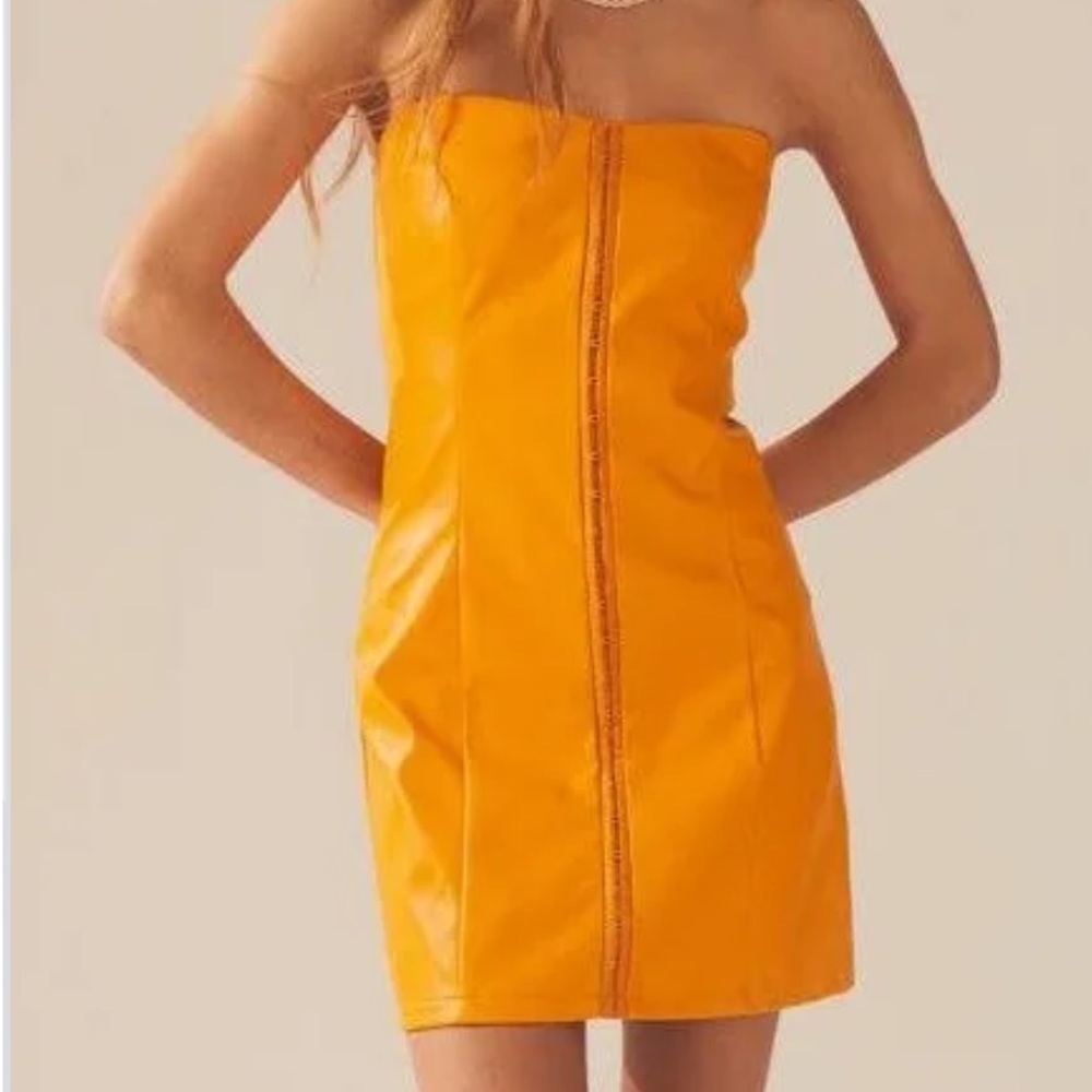 Peppermayo orange leather mini strapless dress